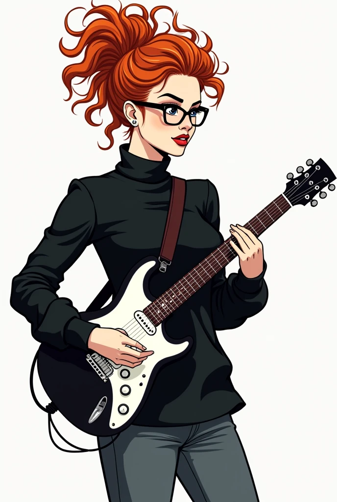 logo of white woman with curly hair tied up, with black square prescription glasses, wearing cap, playing black and white guitar, black turtleneck shirt dress, Nike jeans and sneakers