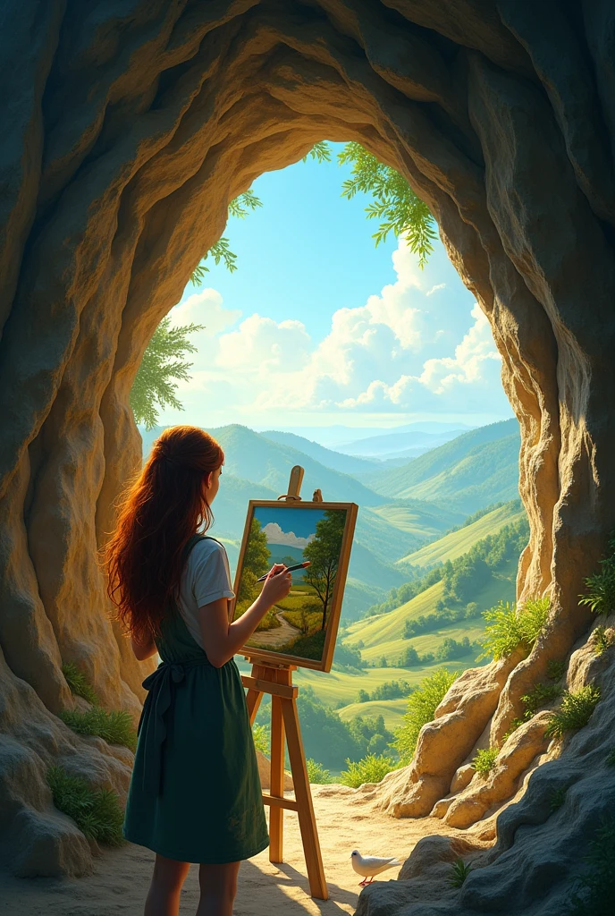 A picture of a young woman painting a mural in a cave, with a beautiful view of the outside air next to her, and a white dove sitting next to the girl.