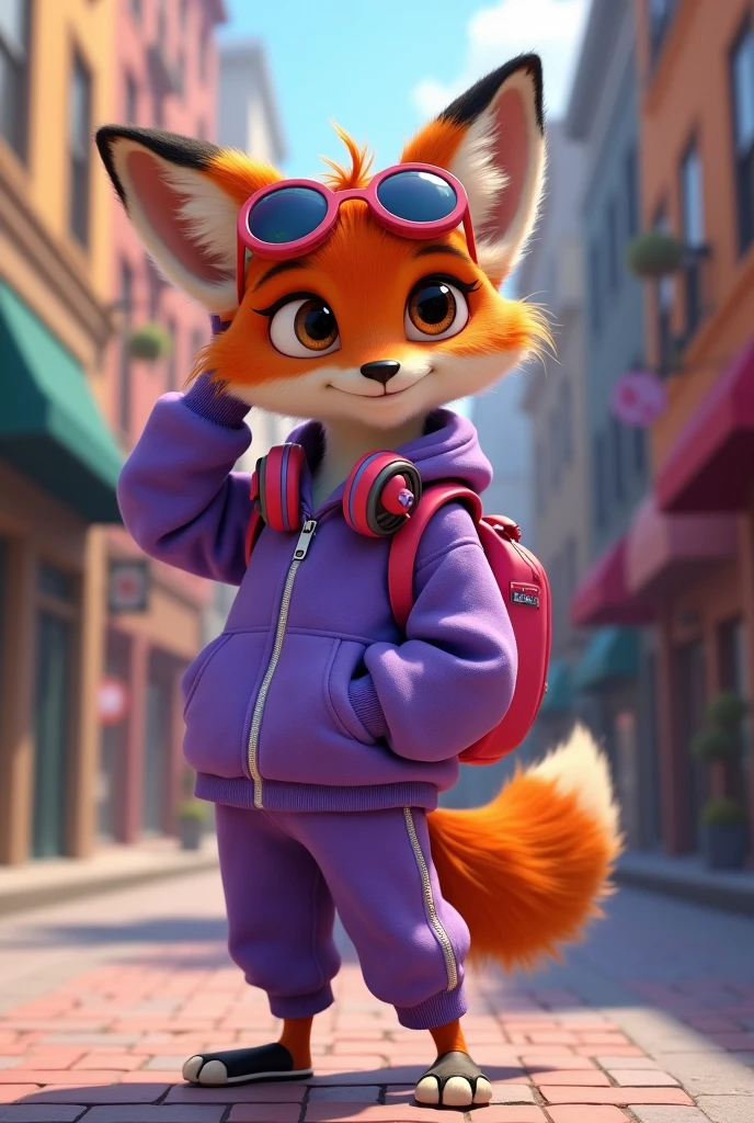 Create a 3D Disney Pixar style young fox named Fluffy. She should have vibrant orange fur with white spots on her belly and paws., with big, expressive eyes and cute ears. Cute should wear a cool and modern purple outfit:
vestimentas:
A purple sweatshirt set, with an oversized style Purple jogger pants coordinated with the sweatshirt, with contrasting fabric details.
Accessories to be included:
Wearing a stylish pink backpack A pair of large, colorful headphones, with shiny details.
A chain necklace with a star or heart pendant.
A smartwatch with a bright screen and a sports strap.
A pair of stylized sneakers, with vibrant colors and unique details.
Fashion sunglasses with mirrored frames.
Fofinha must have a casual and cool attitude, adjusting headphones or showing off sunglasses. The background should be a modern and vibrant urban environment, like a city street or a cool cafe, capturing the youthful energy and style typical of Disney Pixar.