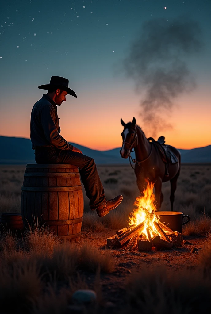 silhouette of a cowboy sitting on a barrel with a campfire in front of him and a pot hanging above the campfire. your horse is on the other side of the fire watching the food being prepared