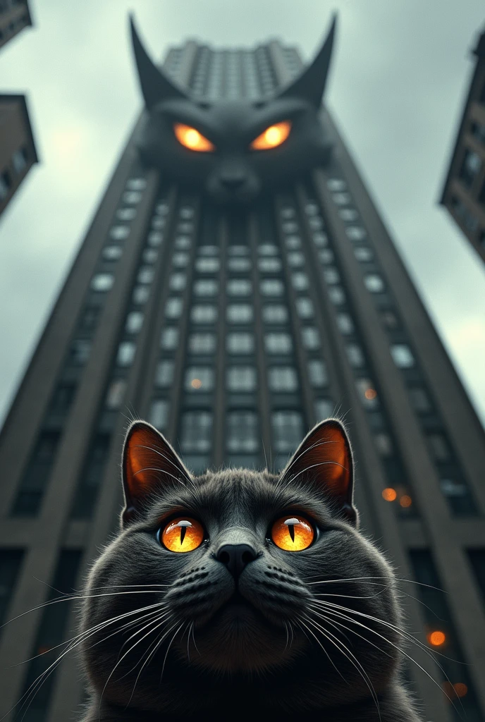 A CAT'S EYES LOOKING AT AN ANGRY BUILDING