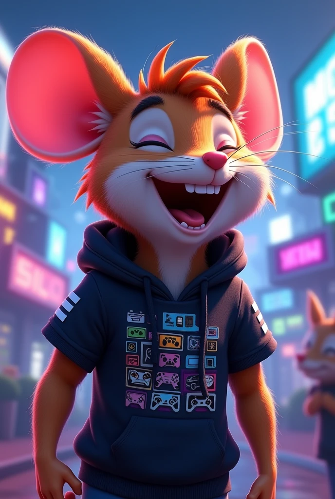 a male gamer mouse animal for vtuber, with black t-shirt and hood, The brown mouse with a white stripe in the middle, looking straight ahead, with eyes closed and mouth open