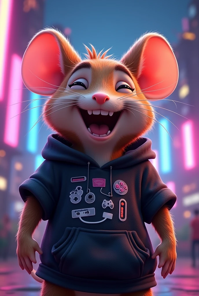 a male gamer mouse animal for vtuber, with black t-shirt and hood, The brown mouse with a white stripe in the middle, looking straight ahead, with eyes closed and mouth open