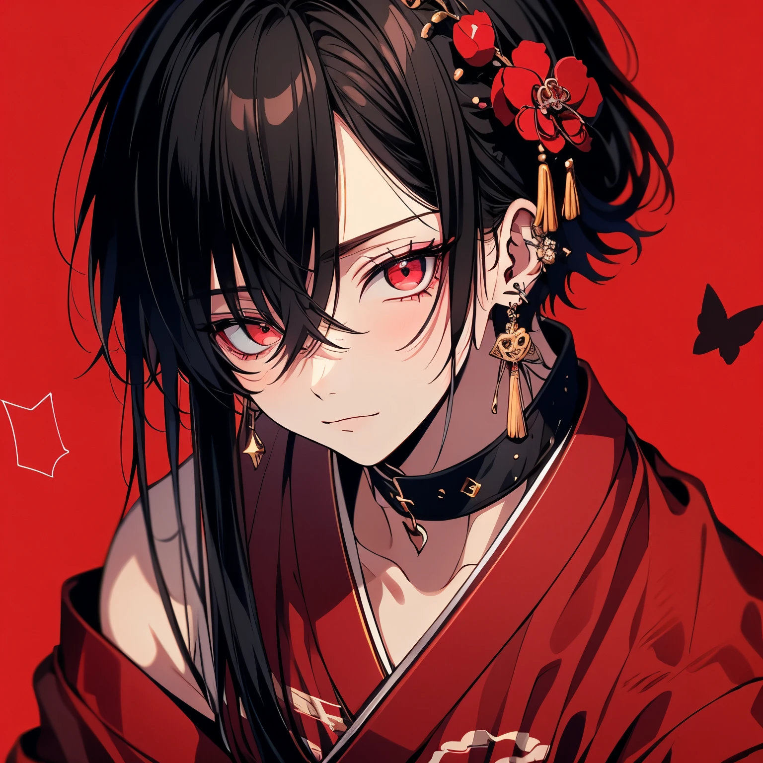 (masterpiece), Highest quality, Ultra-high resolution,male、1 person、Black Hair、Short Hair、Red eyes、Red clothing、Japanese style、kimono、Oiran、cool