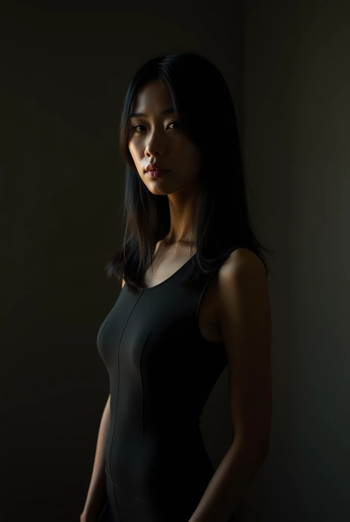 A 35-year-old Japanese woman wearing a sleeveless shirt, facing forward in a dark room.