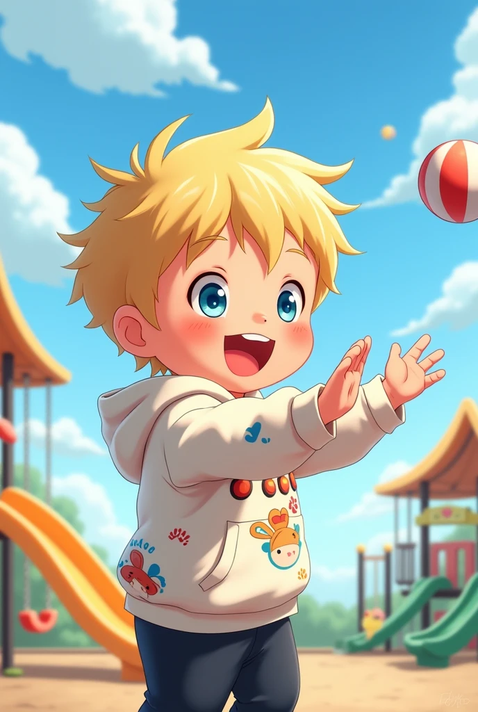 Create a 2 year old boy with blonde hair wearing a white hoodie and black pants anime version