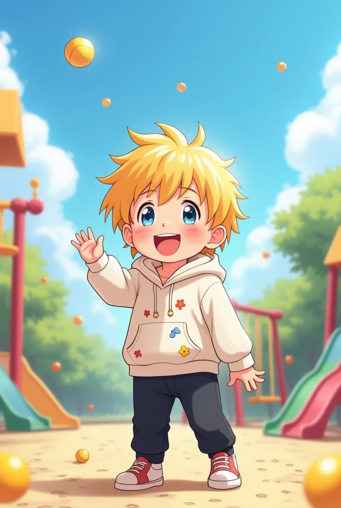 Create a 2 boy with blonde hair wearing a white hoodie and black pants anime version