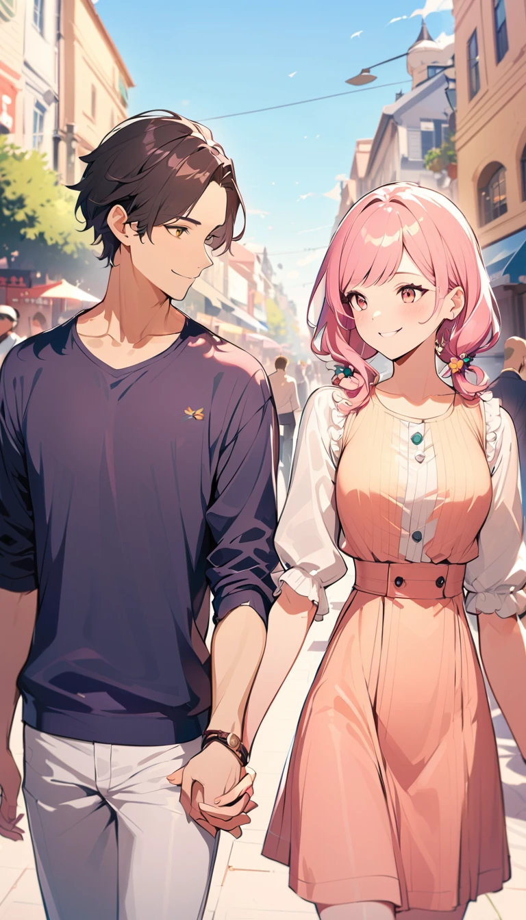 flat Design, (cowboy shot), Couple of men and women holding hands, smile, Detailed facial depiction,Casual clothing,Date, 20th Generation, Daytime, pastel background