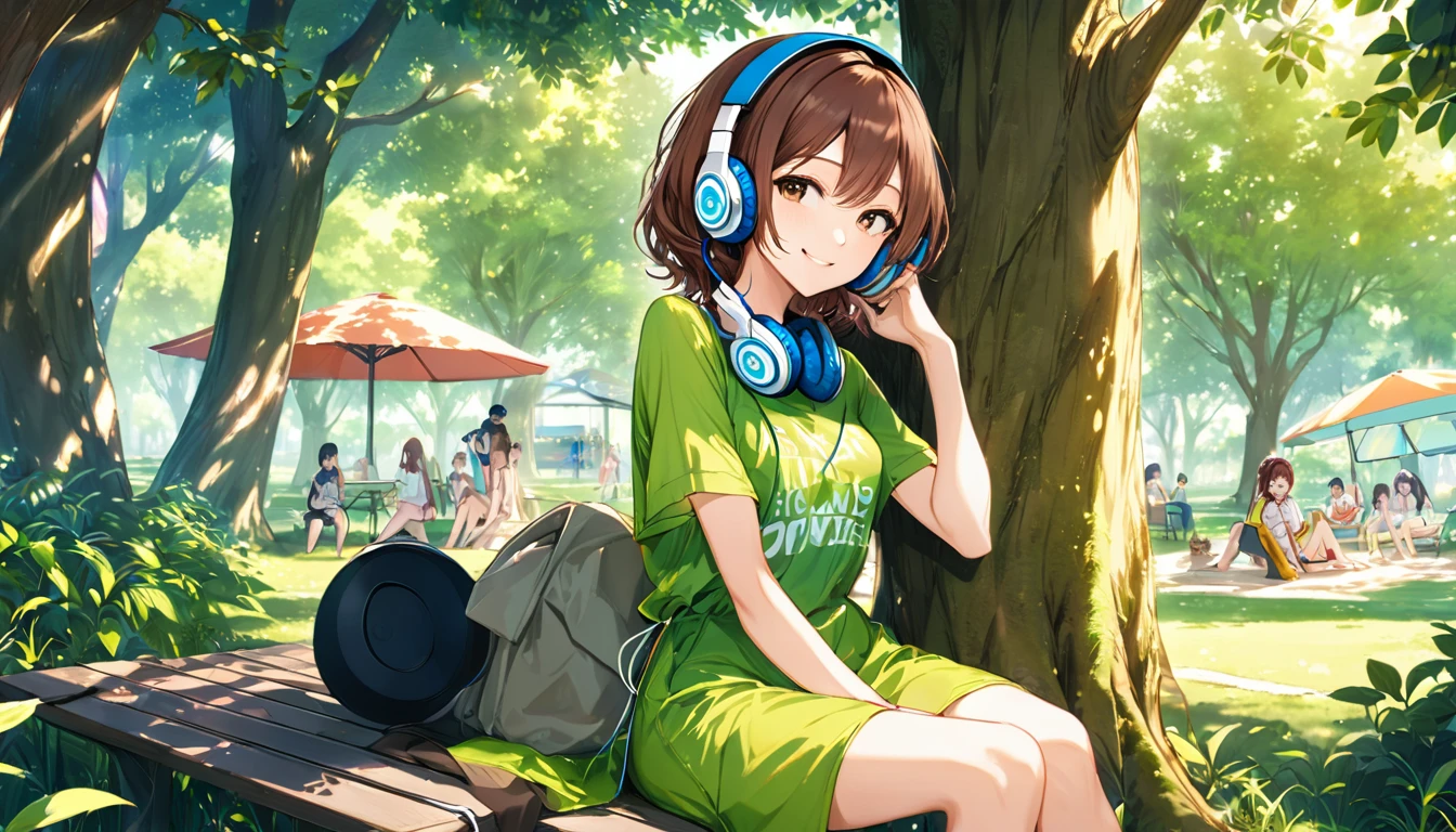 (Brown haired woman wearing headphones), (Cool off in the shade while listening to background music), (Very detailed, masterpiece, Highest quality, bright), (Anime Style)
background: A shady look in a park with lush greenery: Gentle smile costume: A cool one-piece pose: Leaning against a tree、Scene of a person sitting comfortably: Surrounded by the cool shade of the trees and soothing music、Time to refresh