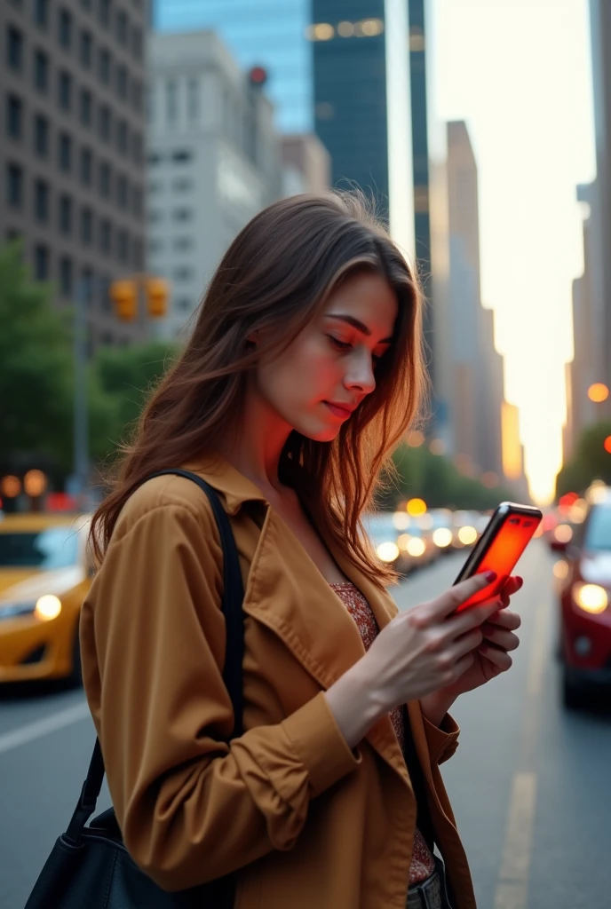 A woman using a mobile app on her phone while waiting for a vehicle.