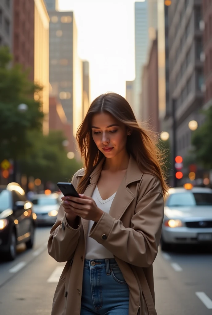 A woman using a mobile app on her phone while waiting for a vehicle.