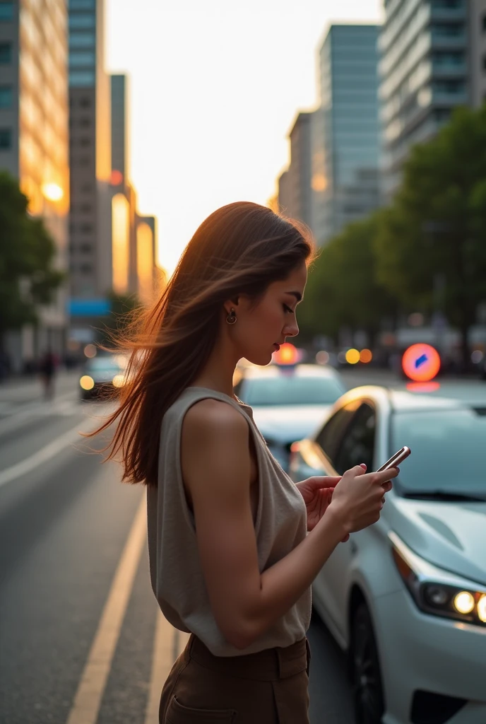 A woman using a mobile app on her phone while waiting for a vehicle.