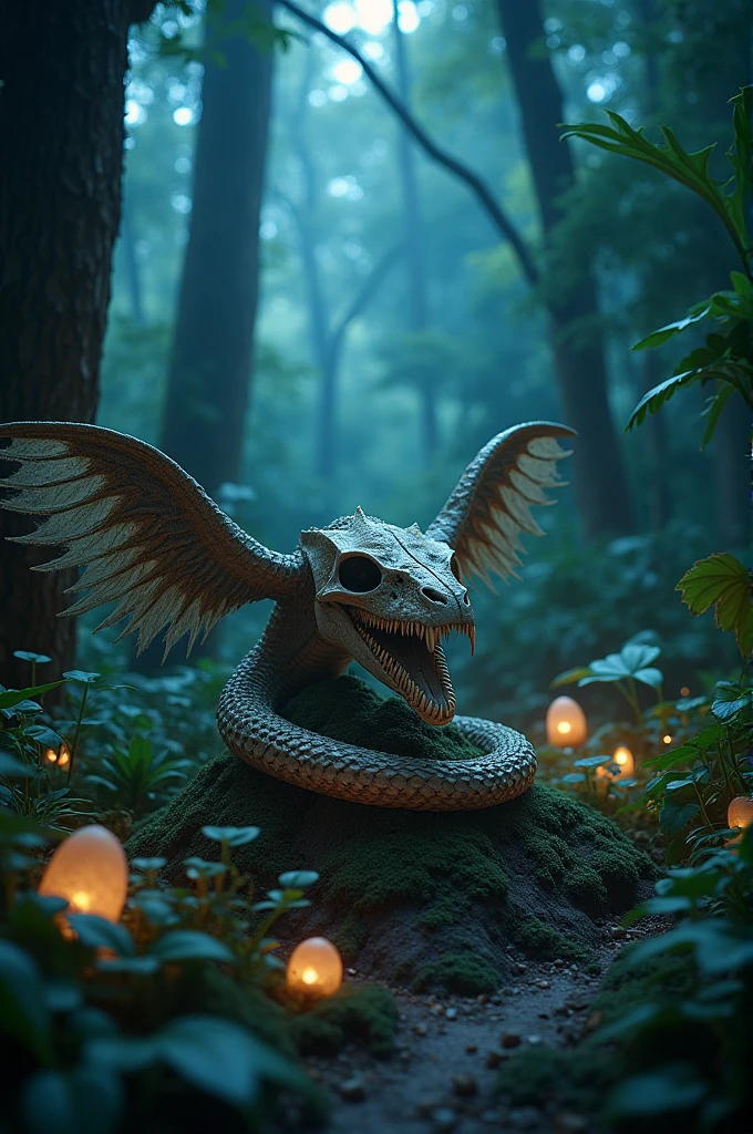 huge hydra dragon head skull,on floor,pine forest, rock floor,flower around, aroma candles