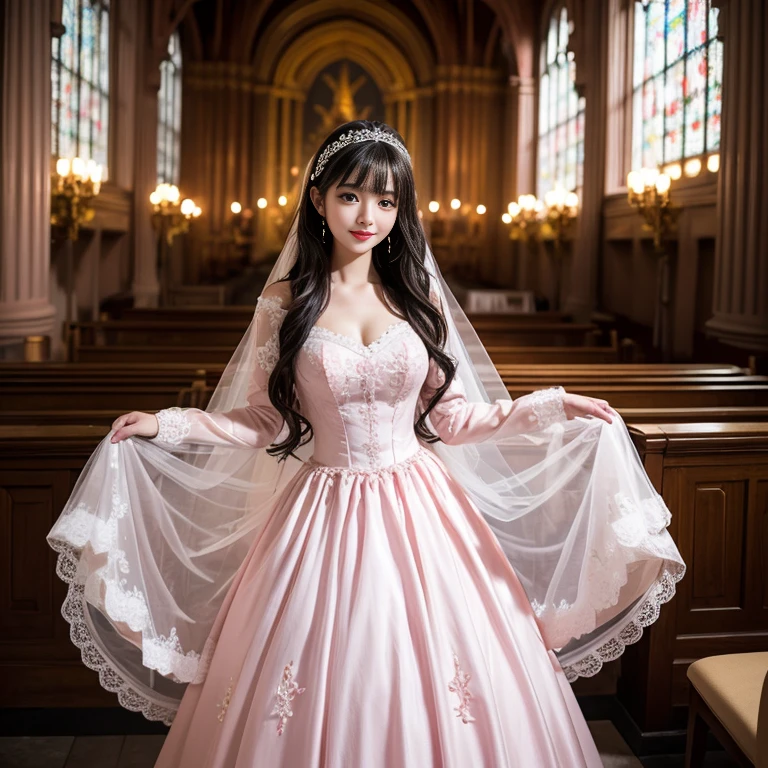 wear wedding gloves, best quality, Delicate face，beautiful visual work, lifelike, eternity, black hair, Long curly hair, blunt bangs, Smile, Detailed Background, Delicate face，pink blush，cold，((masterpiece))、(top quality)、8k、high detail、Super detailed，31 years old female，Seductive and whimsical style、masterpiece、born、Scenes resembling fairy tale illustrations、Intricate details and complex designs、Beautifully、magic、capricious、 Beautifully、Dream aesthetics、「𝓡𝓸𝓶𝓪𝓷𝓽𝓲𝓬、ethereal、charming、fickle、magic」、Realism、Visual effects、FXAA、SSAO、Shaders、voiceless、ambient lighting、Tone mapping、High resolution、Ultra high quality、Million pixels、(8K resolution:1.10)、8k、Below 8K、8K resolution、high detail、intricate details， (high quality:1.2、masterpiece:1.2、:1.21)、(31 years old female:1.21)、(Smile excitedly)、(Surrounded by the dreamy atmosphere、Model diagram，full-body shot，Normal 2 feet，Don't show your fingers，wearing pink princess wedding dress, Don’t show your feet, big skirts, princess dress, wedding princess dress, ball gown wedding dress, bride, bridal veil,in the church，Holding flowers in both hands， long skirt, long sleeves,a bride, skirt covers feet, H CUP, Large Breasts, wear wedding gloves,