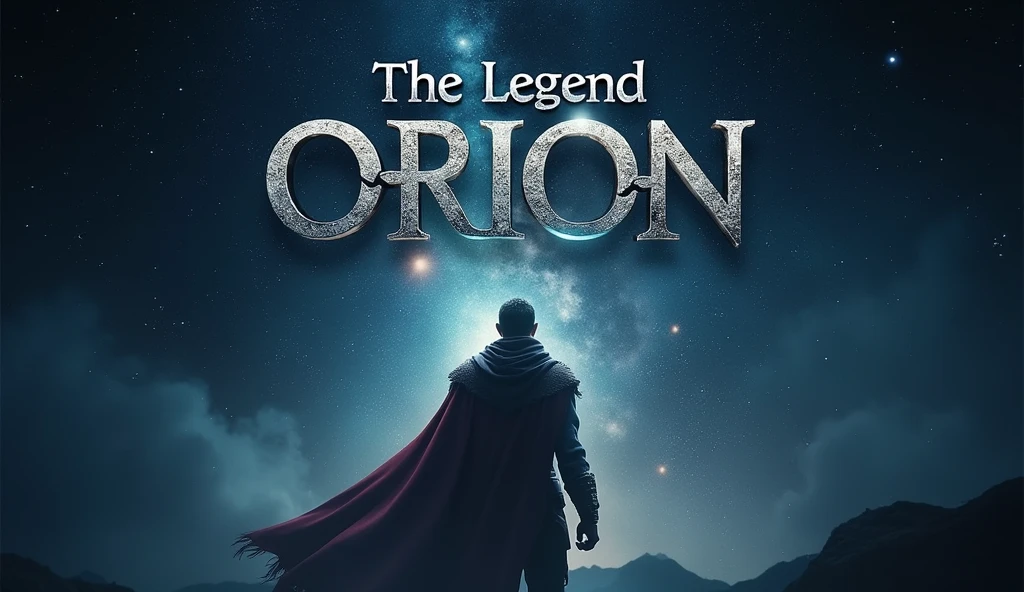 "prompt": "A YouTube thumbnail featuring a hero-like figure standing tall against a backdrop of deep space blues and blacks with glowing stars. The character has a determined expression, with their eyes looking upward towards the sky. The background features the Orion constellation subtly visible among the stars. The text 'The Legend Orion' is in bold, metallic silver font. A soft glow or aura surrounds the character, adding to the epic feel of the image."