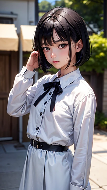 One Woman, alone, alone Focus, (Anxious expression)、Cowboy Shot, Portraiture,Beaver,((Black Hair)), Short Bob、 Very beautiful eyes,, (Small TI quality, Very detailed,uniform,