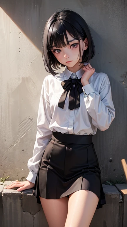 One Woman, alone, alone Focus, (Anxious expression)、Cowboy Shot, Portraiture,Beaver,((Black Hair)), Short Bob、 Very beautiful eyes,, (Small TI quality, Very detailed,uniform,