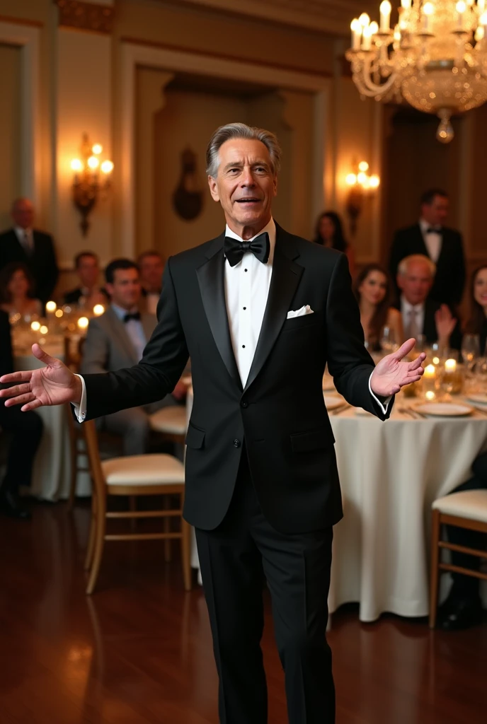 Person talking in a tuxedo