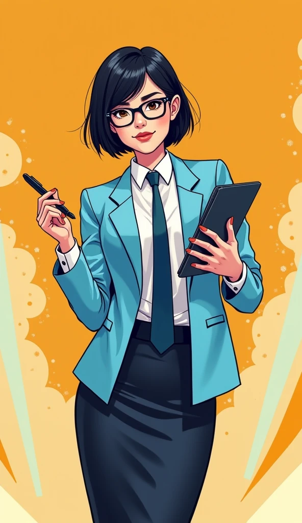 The young woman short black hair wear a light blue suit, white shirt, dark blue necktie, black pencil skirt, black underpants, dark grey socks, white New Balance 530 sneakers.

She wears the glasses, Her left hand holds a tablet, Her right hand holds a black pen of tablet, Her eyes are dazzled and smiled, cartoon novel, 4K, HD