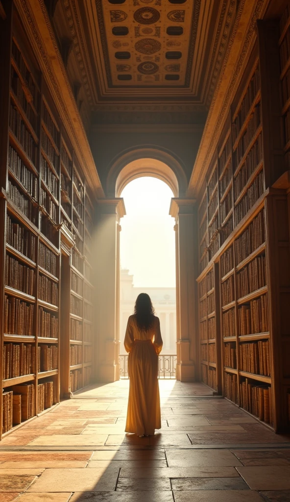 masterpiece, Hypatia, Notable Neoplatonist philosophers, Astronomer, Mathematician, Standing in the Great Library of Alexandria, Around 395 AD. This 25-year-old Greek woman, Slender slim body, Small breasts, Small waist, Amazingly beautifully drawn, born徒たちと熱心に交流する. Her attitude when lecturing on complex philosophical concepts、reflects her deep intelligence。. The enormous scroll shelves and architectural grandeur of the Library of Alexandria form the background。, Highlighting her academic environment, 16K, Ultra-high resolution.Realistic, Ultra-high resolution, born, Natural light, Wide-angle