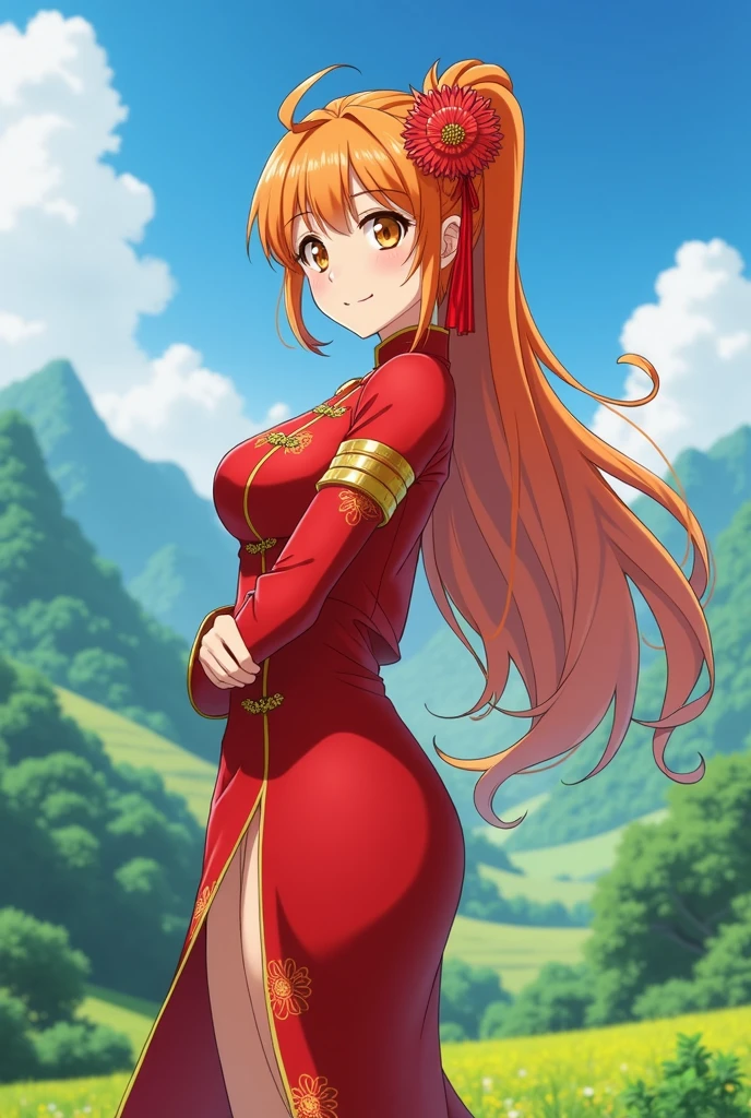 punctuation_9, punctuation_8_High above, fountain_アニメ, best qualityer, us, NAAmi, hair orange, orange eyes, long hair, breasts big, standing, looking ahead at viewer, chinese dress, Red clothing, ssmile, hinterland, cowboy shot, low angle, from behind, big ass naked