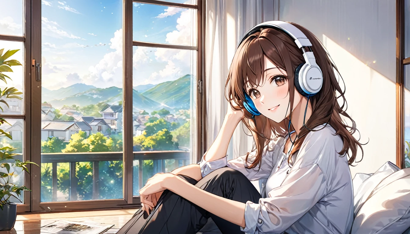(Brown haired woman wearing headphones), (Listening to background music by the window and enjoying the breeze), (Very detailed, masterpiece, Highest quality, bright), (Anime Style)
background: 窓から差し込むbright光
表情: Peaceful Smile Costume: Casual shirt and pants pose: Sit by the window、Feeling the wind: Feeling the breeze by the window、An afternoon filled with soothing music