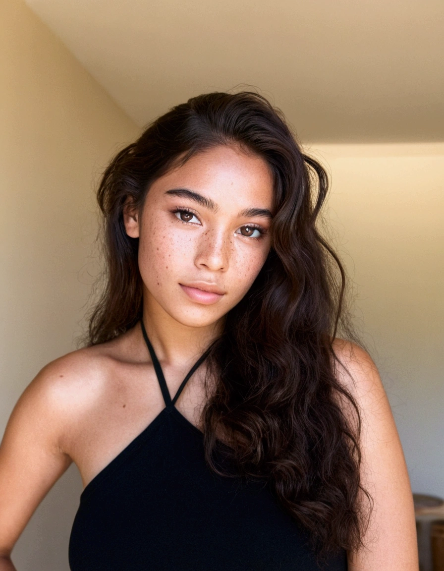 woman in a black top posing for a photo, profile picture with headshot, flawless brown skin, young man with long dark hair, 18 years old, sexy face with full makeup, sultry gaze, wavyhair, sexy face, soft freckles, rosy cheeks with natural freckles, voluminous and long eyelashes, film grain, retro, 160 color holder, shot on ARRI ALEXA 65, sharp focus on subject, Fujifilm XT-3