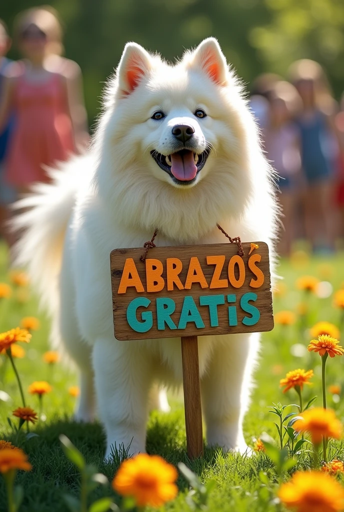 Create a Samoyed dog with a sign in his hand that says free hugs in Spanish written on the very realistic sign