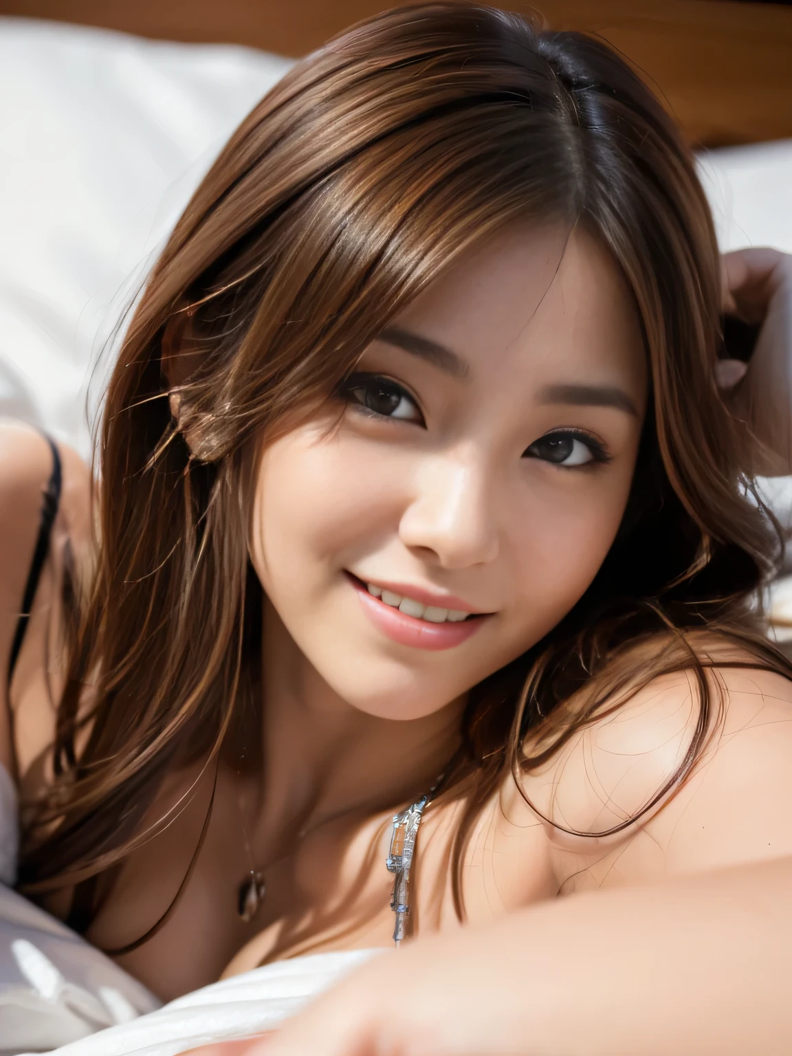 masterpiece, best quality, ultra-detailed, intricately detailed hyperdetailed, realistic, sharp features, highly detailed, sharp focus, Realistic, Photorealistic:1.3, (Attractive Japan Woman), (19 years old:1.3), perfect face, perfect symmetrically eyes, perfect full lips, hyper detailed, hyper realistic, high resolution, Fashion Model, Slender, brown hair, Stylish, model poses, Beautiful Face, Red hair, messy hair, (seductive smile:1.2), (looking at viewer), cinematic lighting, (Close up portrait of woman lying in bed:1.5), Body Towel, 