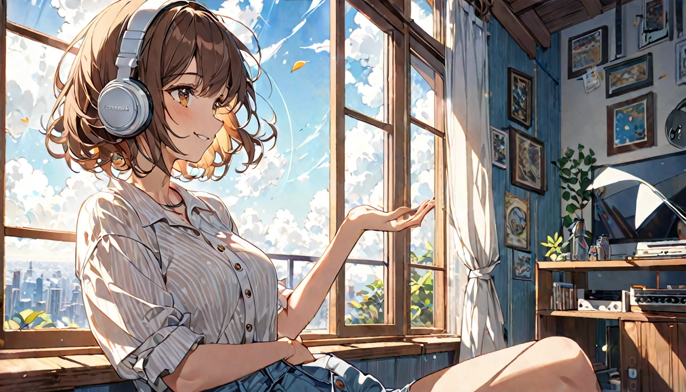 (Brown haired woman wearing headphones), (Listening to background music by the window and enjoying the breeze), (Very detailed, masterpiece, Highest quality, bright), (Anime Style)
background: 窓から差し込むbright光
表情: Peaceful Smile Costume: Casual shirt and pants pose: Sit by the window、Feeling the wind: Feeling the breeze by the window、An afternoon filled with soothing music