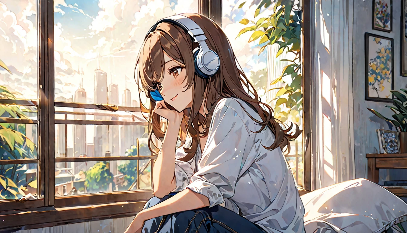 (Brown haired woman wearing headphones), (Listening to background music by the window and enjoying the breeze), (Very detailed, masterpiece, Highest quality, bright), (Anime Style)
background: 窓から差し込むbright光
表情: Peaceful Smile Costume: Casual shirt and pants pose: Sit by the window、Feeling the wind: Feeling the breeze by the window、An afternoon filled with soothing music