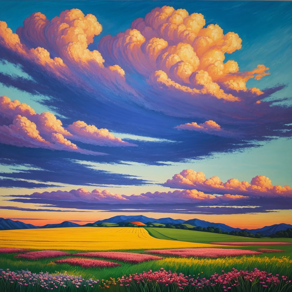 （tmasterpiece：1.2，best qualtiy），16K，Draw a field painting with flowers and sky, harmony of swirly clouds, painting of a dreamscape, swirling scene, Inspired by Franklin Carmichael, Inspired by RHADS, Inspired by Paul Henry, painted landscape, Inspired by Thomas Hart Benton, Inspired by Lauren Harris, floral sunset, airy landscape, heavenly landscape, Swirling clouds