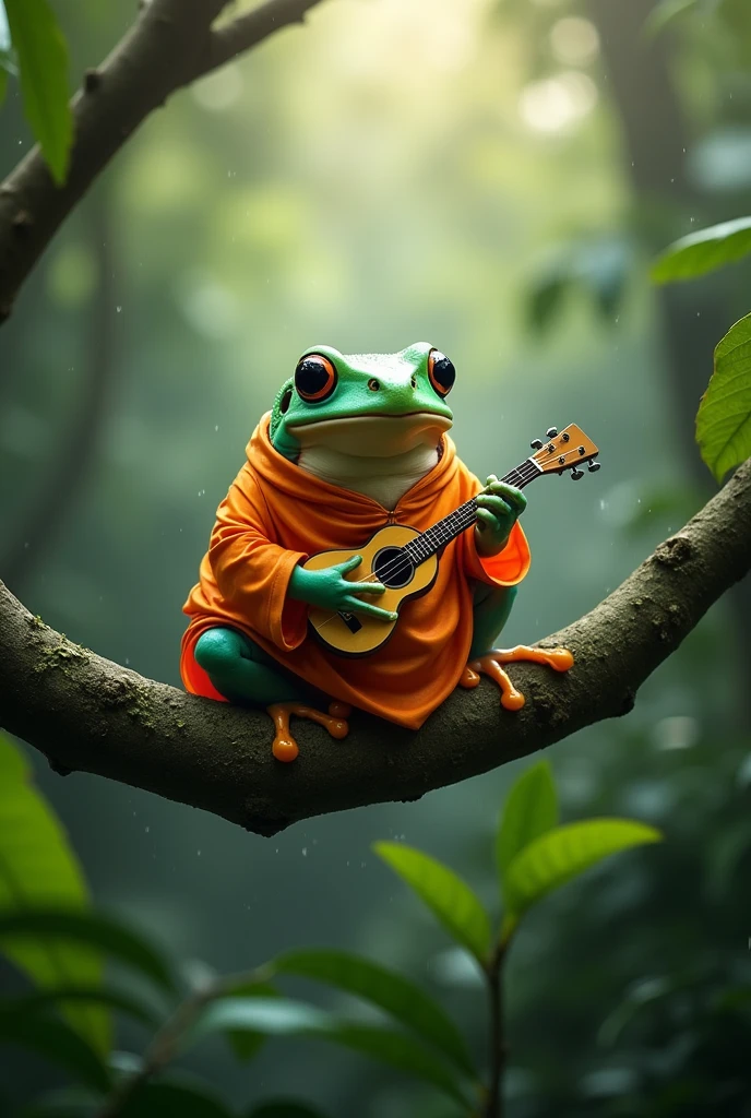 On a branch in the rainforest,Light rain,Morning dew sparkles,A fat tree frog playing the biwa,The frog is on a branch of a distant tree.,The frog is wearing an orange Chinese dress,Ultra-realistic,high resolution,