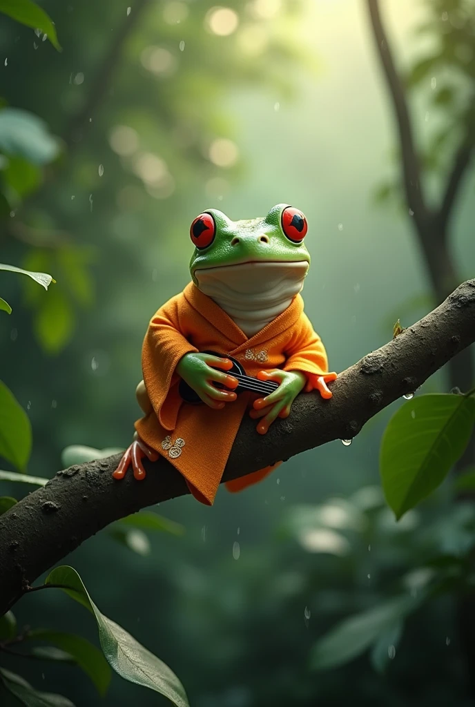 On a branch in the rainforest,Light rain,Morning dew sparkles,A fat tree frog playing the biwa,The frog is on a branch of a distant tree.,The frog is wearing an orange Chinese dress,Ultra-realistic,high resolution,