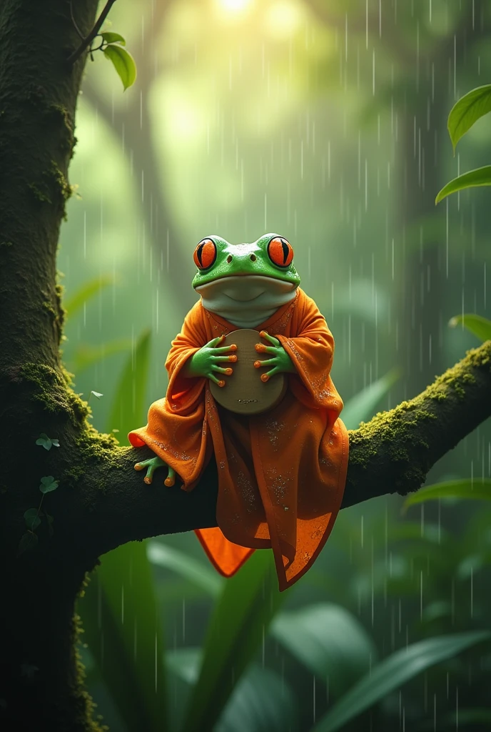 On a branch in the rainforest,Light rain,Morning dew sparkles,A fat tree frog playing the biwa,The frog is on a branch of a distant tree.,The frog is wearing an orange Chinese dress,Ultra-realistic,high resolution,