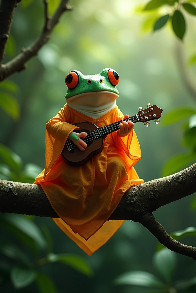 On a branch in the rainforest,Light rain,Morning dew sparkles,A fat tree frog playing the biwa,The frog is on a branch of a distant tree.,The frog is wearing an orange Chinese dress,Ultra-realistic,high resolution,
