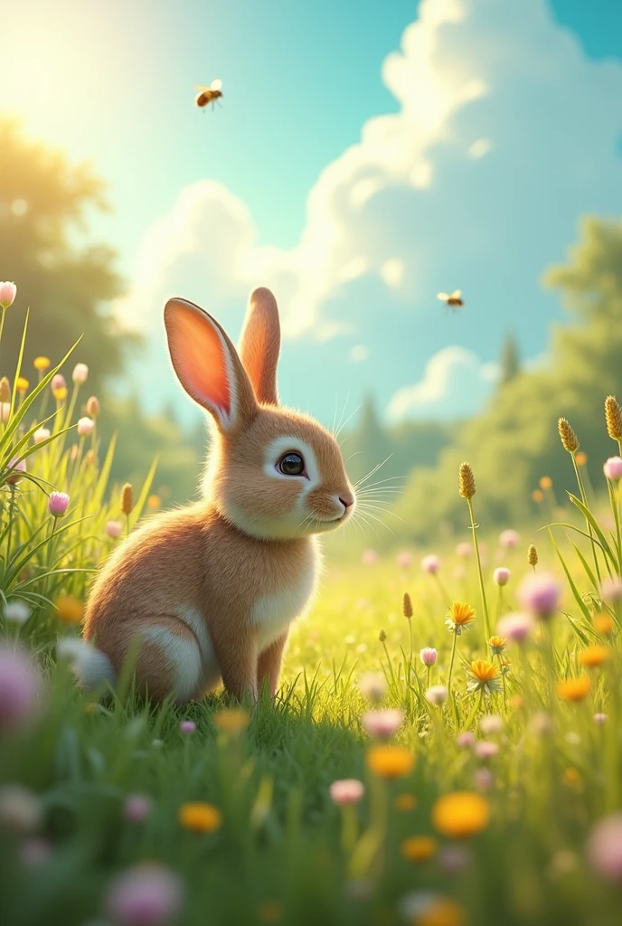 Scene 1:
Clover in the Meadow
Setting: A sunny morning in a lush meadow, filled with flowers and tall grass.
Action: Clover, the curious little rabbit, looks around with excitement, deciding to explore the farthest corner of the meadow.