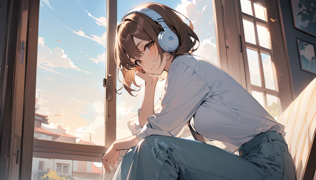(Brown haired woman wearing headphones), (Listening to background music by the window and enjoying the breeze), (Very detailed, masterpiece, Highest quality, bright), (Anime Style)
background: 窓から差し込むbright光
表情: Peaceful Smile Costume: Casual shirt and pants pose: Sit by the window、Feeling the wind: Feeling the breeze by the window、An afternoon filled with soothing music