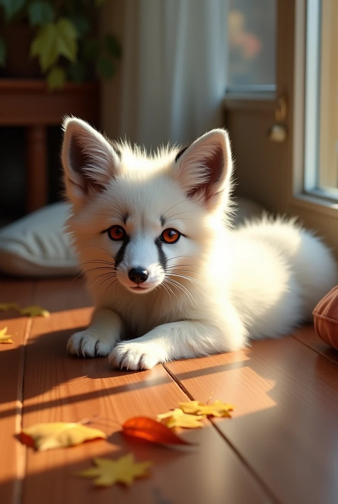 furry, white fox with black trim and red eyes full body lying on the floor