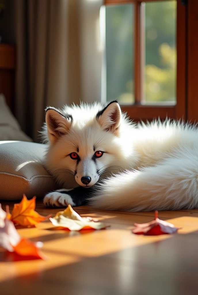 furry, white fox with black trim and red eyes full body lying on the floor