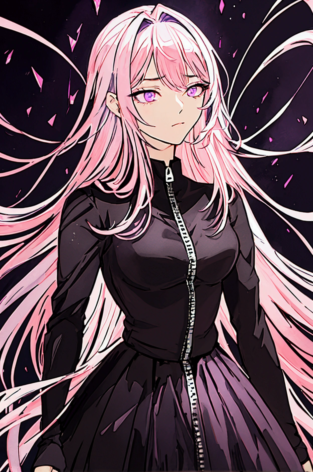 2D Anime Style　(masterpiece, Highest quality, Ultra-detailed, Best Shadow), (Detailed Background,Dark fantasy), (Beautiful detailed face), High Contrast, (The best illumination, Very delicate and beautiful), ((Cinematic Light)), colorful, Hyper Detail, Dramatic light, Intricate details, (1, alone,Pink Hair,Hairstyle: Long hair, Soft Face, Purple Eyes,Dynamic Angle), Depth of written boundary, Black light particles, (Broken glass)、Plain black long sleeve jersey with zipper　Black long skirt　Five fingers