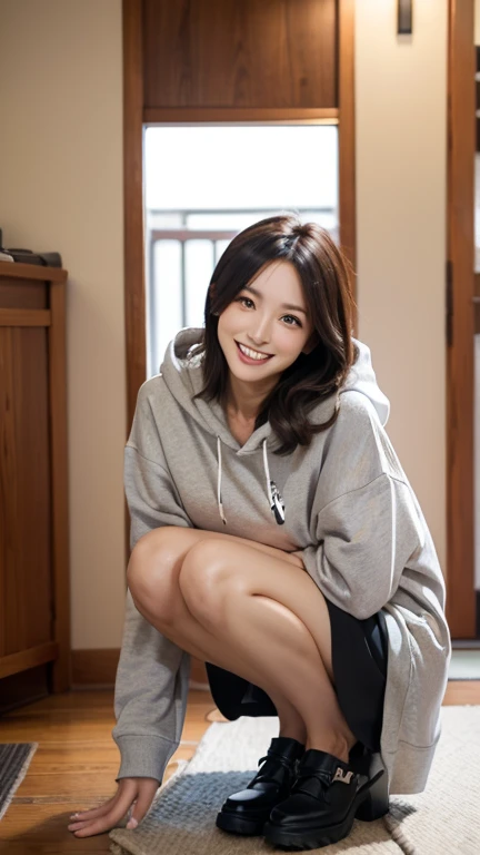 A Japanese milf, photo of one girl, Slender figure, Realistic teeth, wearing oversized hoodie, smile, full-body, masterpiece, best quality, detailed, beauty, Pub, indoor,