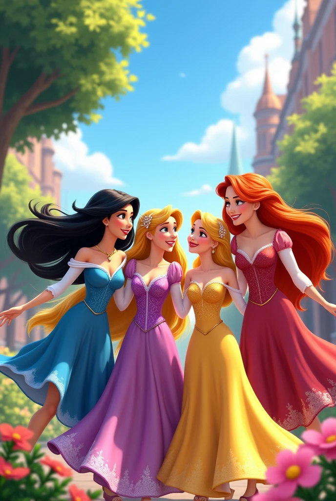 ((Realistic)), ((Best Quality)), ((masterpiece)), (detailed), ((group)) group de princesaa vestidas como en la actualidad , 4 girls, Mulan, Rapunzel, Aurora and Merida, next to them a boy, Prince Flynn, having fun