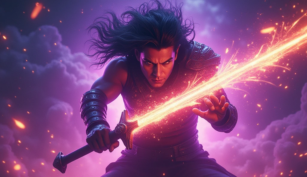 "prompt": "Design a YouTube thumbnail featuring a fierce and focused character wielding a glowing weapon, standing against a backdrop of Royal Purple and Neon Yellow cosmic elements. The character has a battle-ready expression, with intense eyes. Behind them, a cosmic explosion lights up the scene. The text 'The Legend Orion' is in a futuristic, glowing font that stands out against the vivid colors."