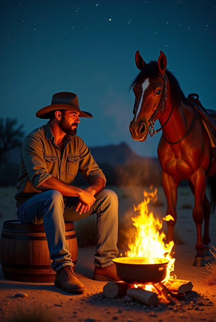 drawing of a cowboy sitting on a barrel with a campfire in front of him and a pot hanging above the campfire. your horse is on the other side of the fire watching the food being prepared