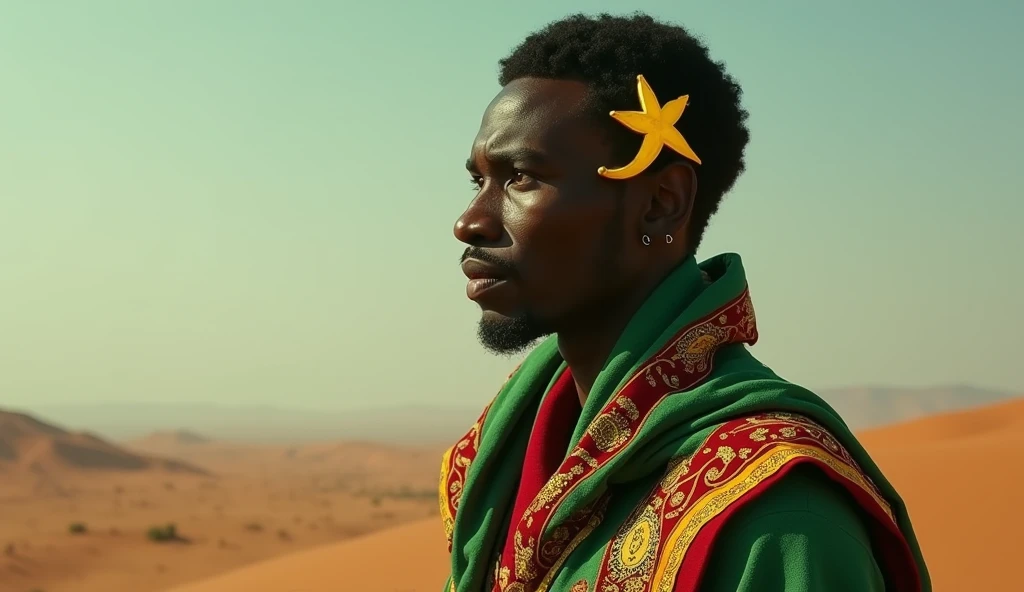 Mauritania as an african fantasy League of Legend man creature in green and red colors. Yellow crescent moon and a yellow five-pointed star. Intricated clothing. Cinematic Fantasy sci-fi landscape background. Intricated clothing. Cinematic Fantasy sci-fi landscape background