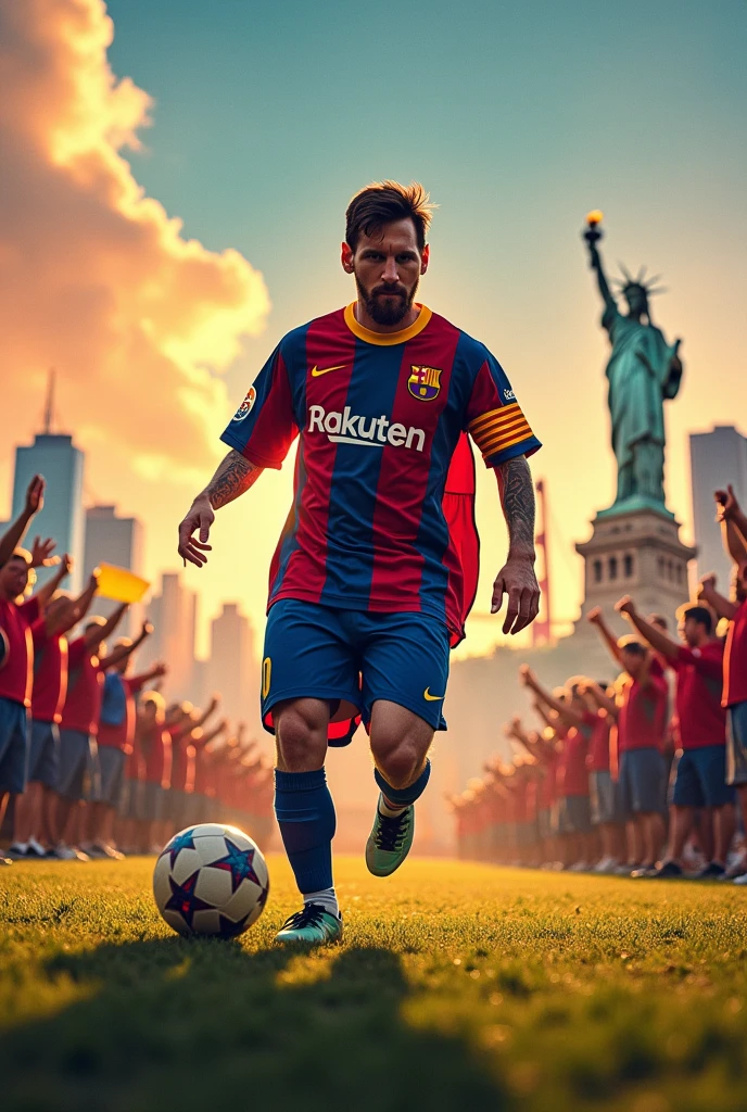 Messi playing with the Barcelona shirt and the United States of America in the background