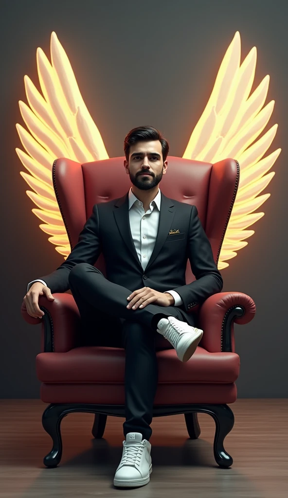 Create a 3D illustration for a profile picture where a 38 year old “Man”,With a Black suit, casually on a wings back chair, wearing sneakers a white,, the background features “Kon Murshid ?” in big and capital letters Boss Style font on the back wall, there should not be his shadow and there are wings to make it appear as if he is angel. full ultra realisitic qulaity