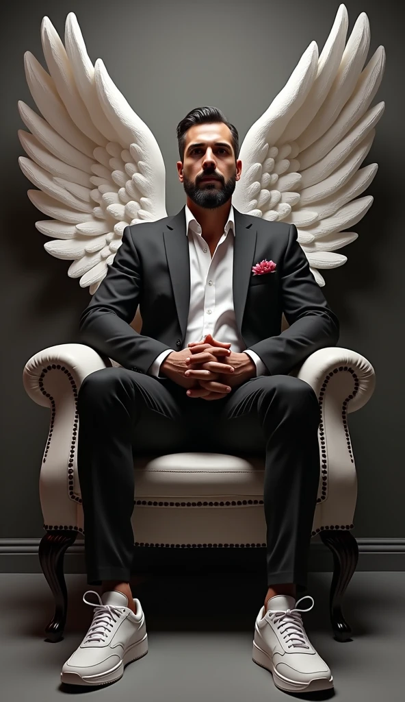 Create a 3D illustration for a profile picture where a 38 year old “Man”,With a Black suit, casually on a wings back chair, wearing sneakers a white,, the background features “Kon Murshid ?” in big and capital letters Boss Style font on the back wall, there should not be his shadow and there are wings to make it appear as if he is angel. full ultra realisitic qulaity