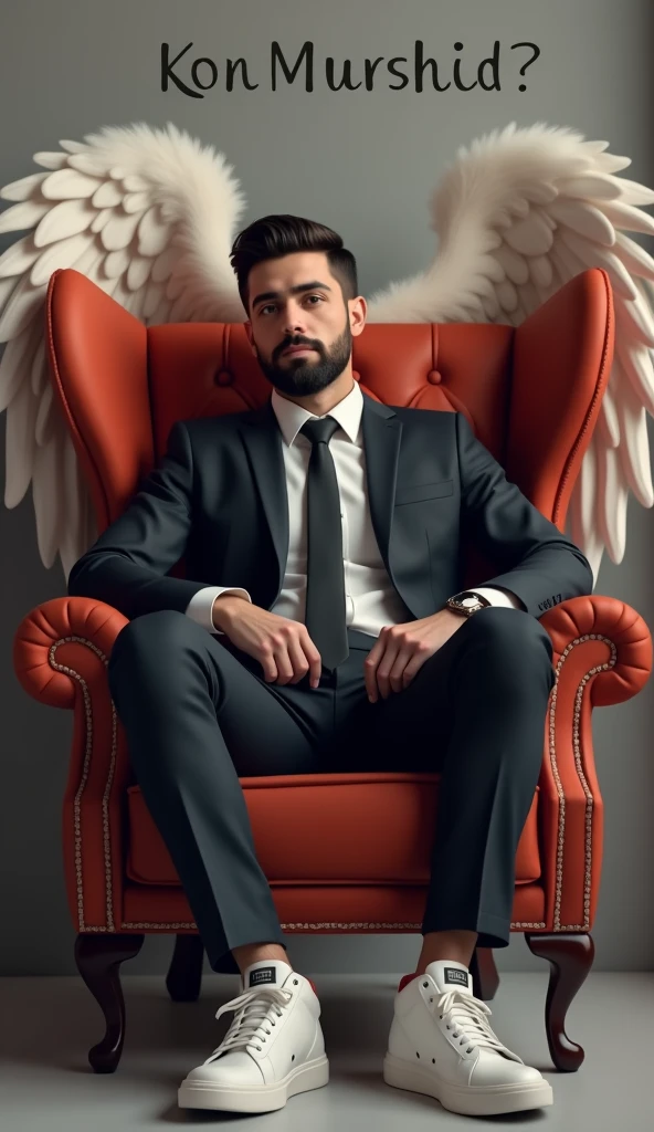 Create a 3D illustration for a profile picture where a 38 year old “Man”,With a Black suit, casually on a wings back chair, wearing sneakers a white,, the background features “Kon Murshid ?” in big and capital letters Boss Style font on the back wall, there should not be his shadow and there are wings to make it appear as if he is angel. full ultra realisitic qulaity